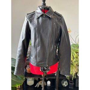Sly & Co Travel Wear brand Womens Medium Black Leather‎ motorbike jacket Rihanna